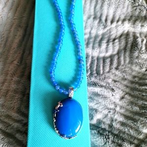Blue stone pendant with blue bead chain in 925